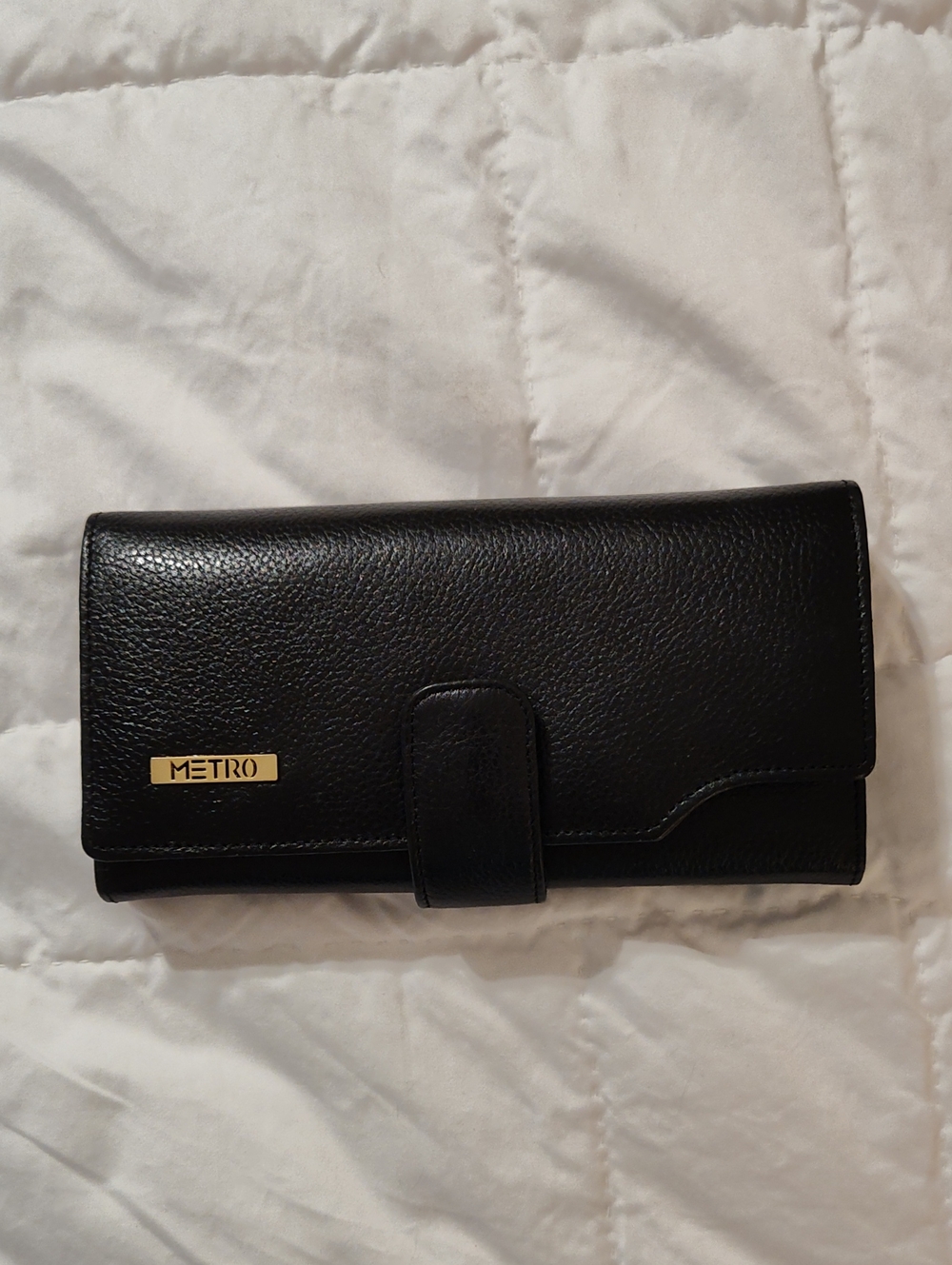 Metro Black Faux Leather Trifold Wallet with Gold Logo Accent